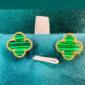Real 18K Gold Green Malachite Earrings Size 13mm